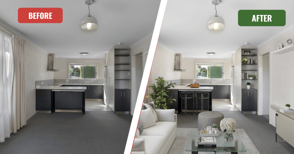 Before and after images of a modern apartment interior, showcasing virtual staging with a transformed living and kitchen area.