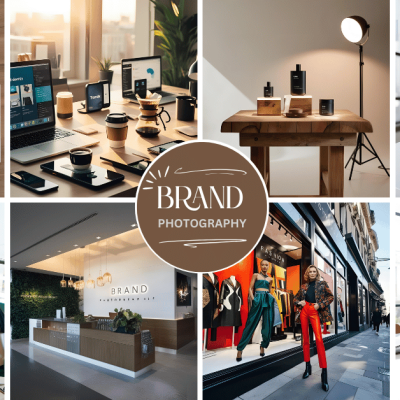 Collage of branded photography scenes including skincare products, a modern office setup, a studio shoot, a team meeting, a stylish office reception, a fashion storefront, and a professional discussion.