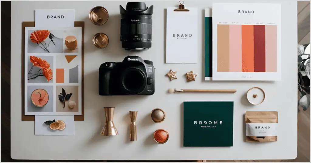 Flat lay of branded photography setup with a camera, mood board, color palette, and styling props on a white table.