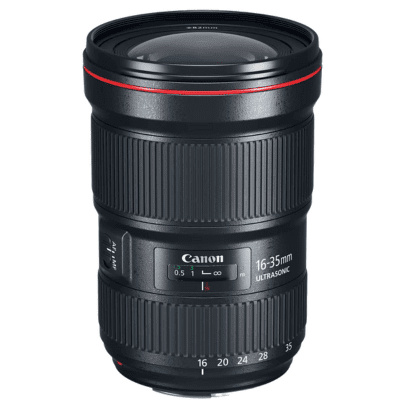 Canon EF 16-35mm f/2.8L III USM lens with a wide-angle view, isolated on a white background.