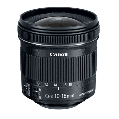 Canon EF-S 10-18mm f/4.5-5.6 IS STM lens with a wide-angle range, isolated on a white background.