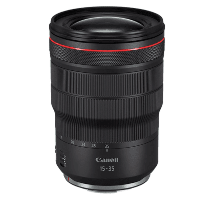 Canon RF 15-35mm f/2.8L IS USM lens with a wide-angle range, isolated on a white background.