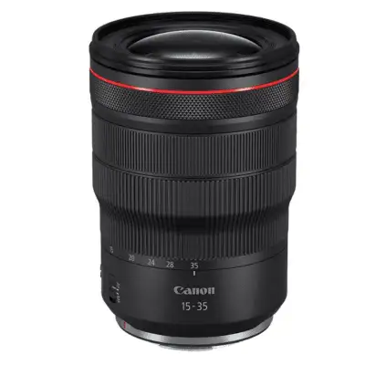 Canon RF 15-35mm f/2.8L IS USM lens with a wide-angle range, isolated on a white background.