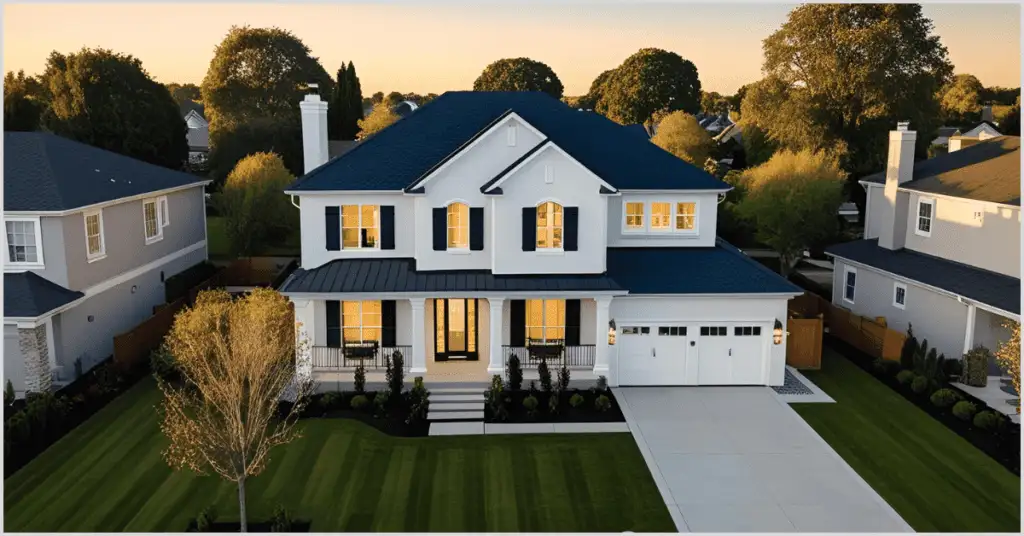 Aerial image of a suburban family home with a white exterior, dark blue roof, and manicured lawn at sunset, surrounded by neighboring houses and trees.