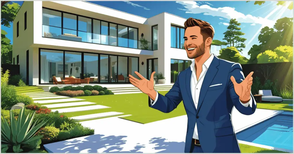 Cartoon man in a suit gesturing toward a modern house with a pool and lush garden.