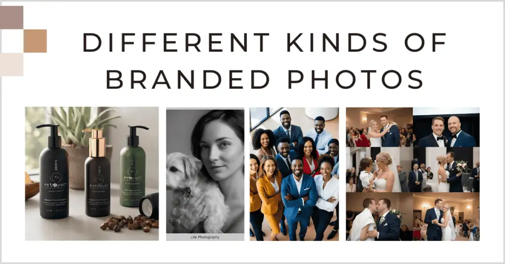 A collage showcasing various branded photos, including skincare products, a person with a dog, a group in business attire, and wedding scenes.