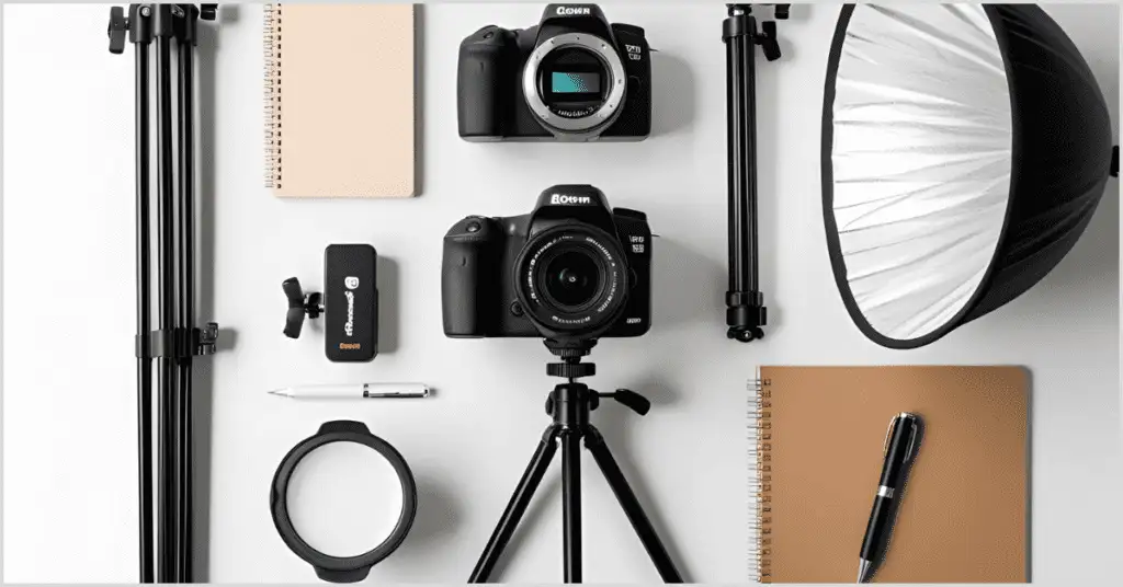 Flat lay of photography gear including two cameras, a tripod, a softbox, a light stand, a reflector, a remote trigger, and notebooks with pens on a white background.