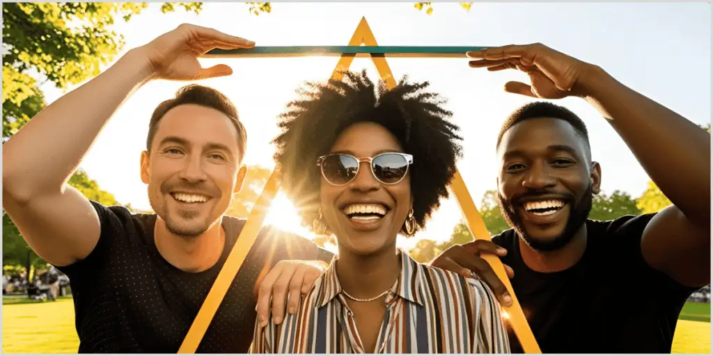 Three smiling friends form a triangle with their arms in a sunny park, capturing a joyful moment with triangle composition photography.