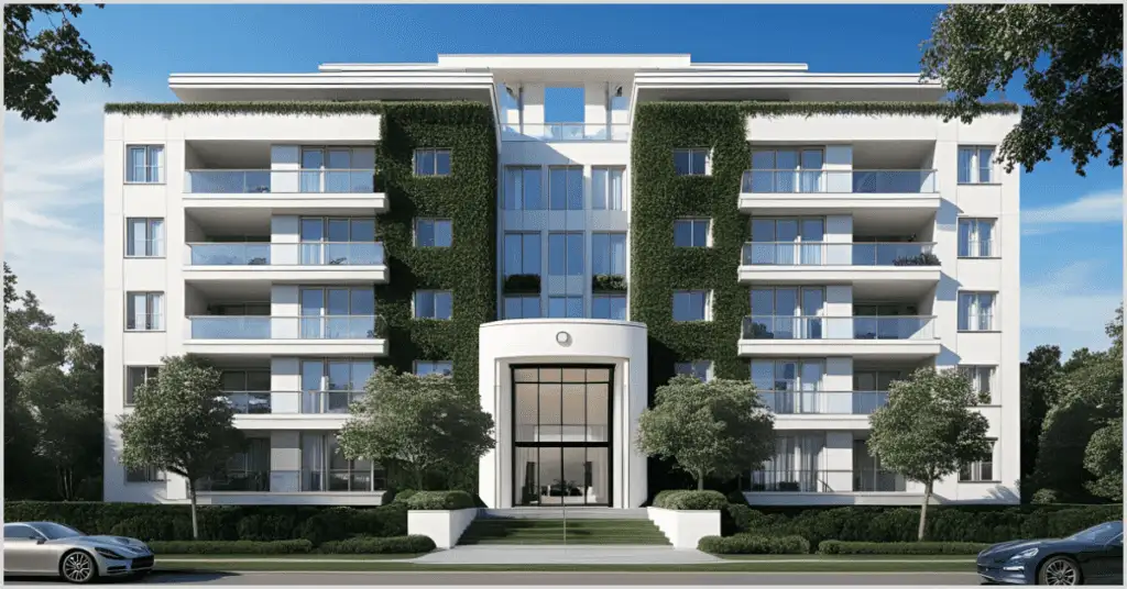 Modern white apartment building with green vertical gardens and large windows, showcasing high-class apartment staging.