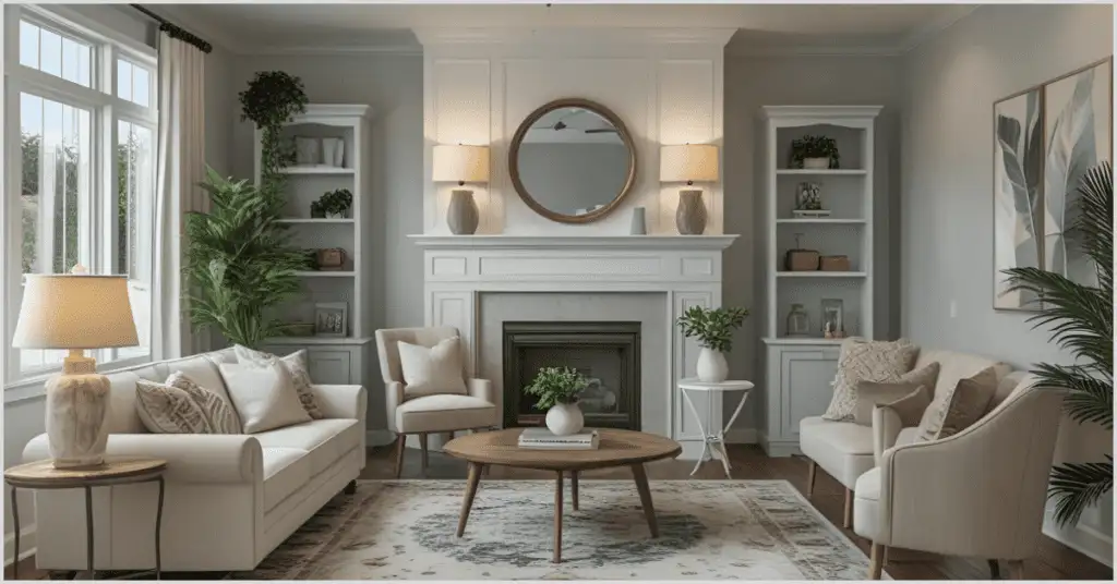 Cozy living room with fireplace, white sofas, potted plants, and a round coffee table, staged for an empty house.