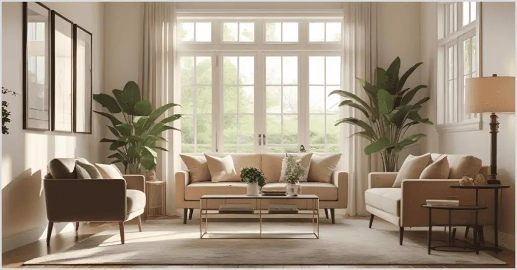 Elegant living room with large windows, beige sofas, potted plants, and a coffee table, styled for vacant home staging.