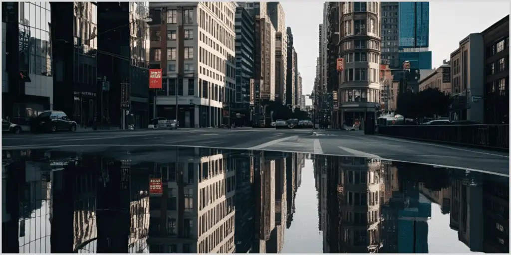 A city street with tall buildings reflected on a wet road, creating layered triangles in the composition, showcasing triangle composition photography.