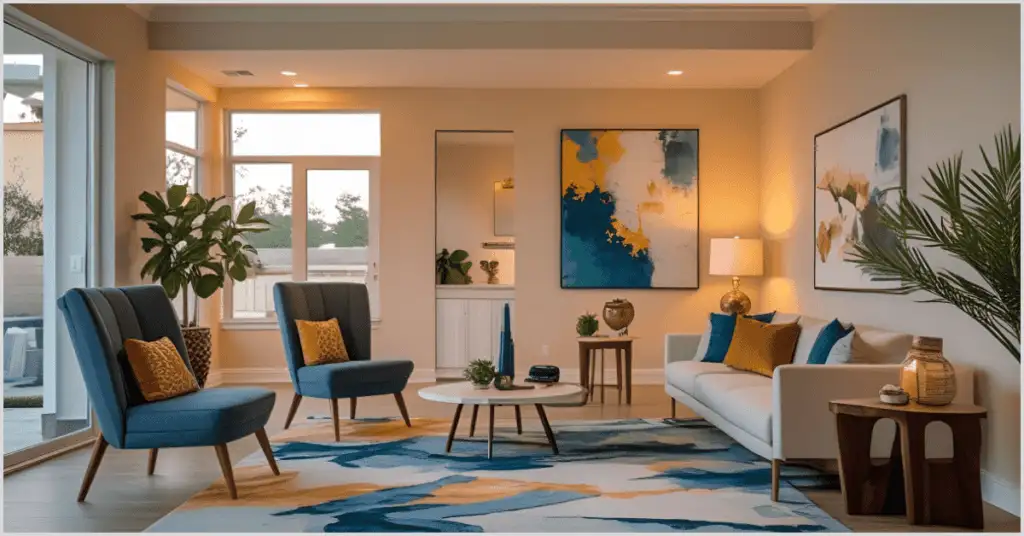 Modern living room with blue armchairs, a white sofa, colorful pillows, and abstract art, styled for vacant home staging.