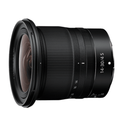 Nikon Z 14-30mm f/4 S lens with a wide-angle range, perfect for real estate photography, on a white background.