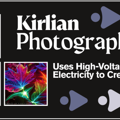 A promotional image for Kirlian photography featuring three vibrant photos: a glowing hand, blue flowers, and a colorful leaf, with text reading "Kirlian Photography Uses High-Voltage Electricity to Create Images.