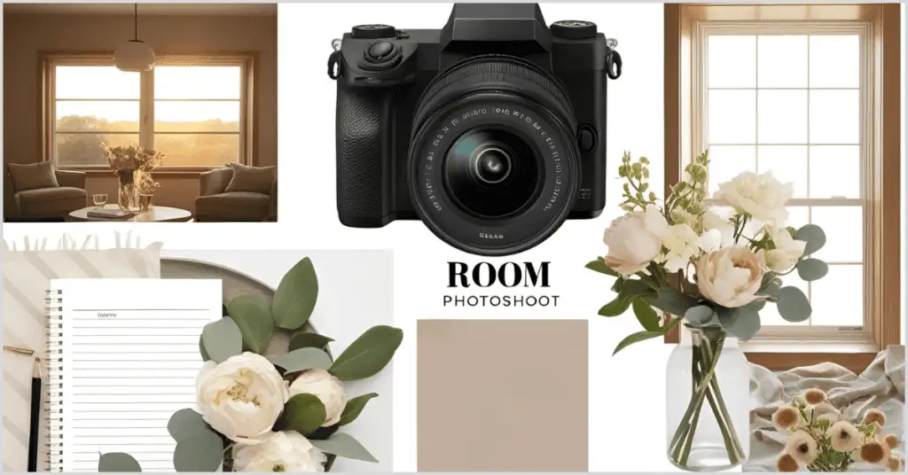 : Collage featuring a cozy room with armchairs by a window, a black camera, a notebook with flowers, a vase of white flowers, and a beige square, with "ROOM PHOTOSHOOT" text in the center.