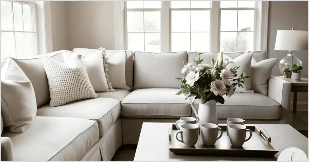 A tidy room with a neatly made bed, fresh flowers in a vase, a small stack of books on a table, and soft natural light streaming through a window, ready for a photoshoot.
