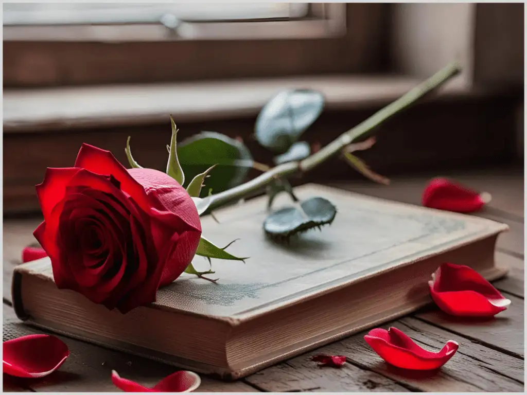 Photorealistic close-up of a red rose on a wooden table with scattered petals and a vintage book, softly lit with shallow depth of field.