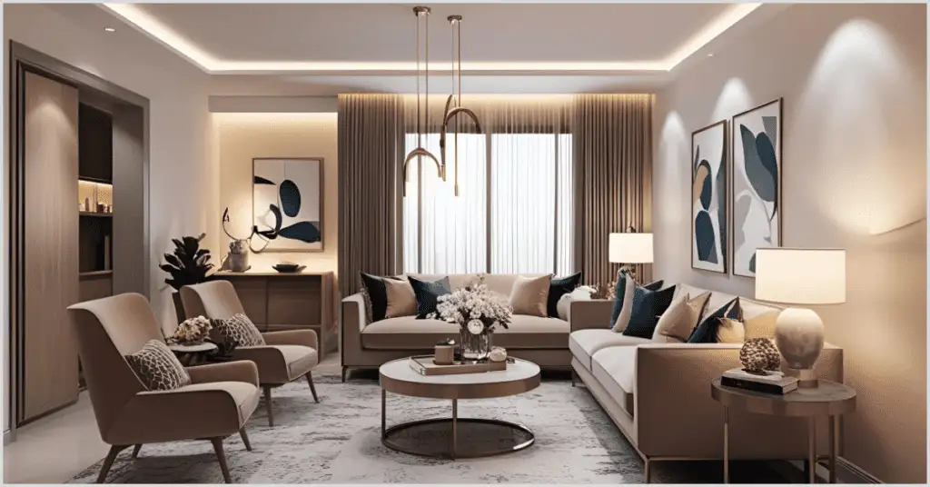 Modern living room with beige furniture, blue accents, and elegant decor, showcasing smart apartment staging.