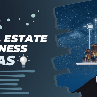 Hand holding a tablet with a cityscape and digital icons, text "Real Estate Business Ideas" on a starry background.