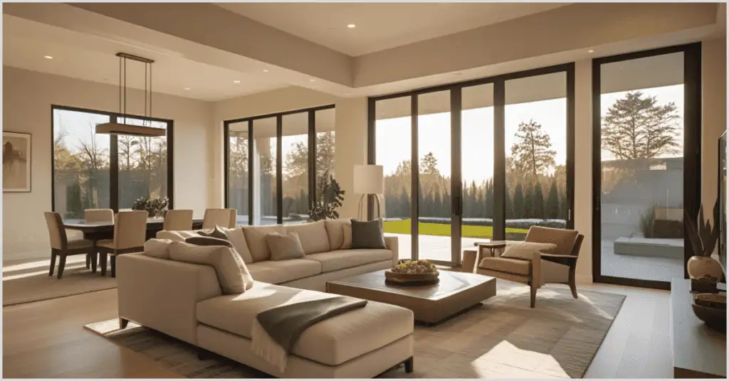 Modern living room with large windows, beige sofa, dining area, and scenic outdoor view.