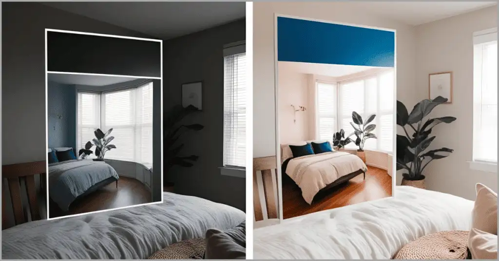 Two side-by-side images of a bedroom during a room photoshoot, one dark and underexposed, the other bright and edited with a blue tint above the bed.