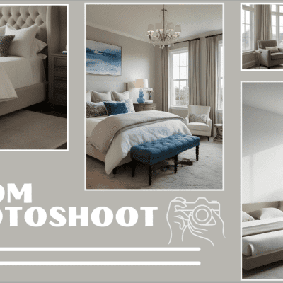 A collage of four modern bedroom setups featuring a room photoshoot with elegant decor, including tufted headboards, chandeliers, and large windows, with the text "ROOM PHOTOSHOOT" and a camera icon.