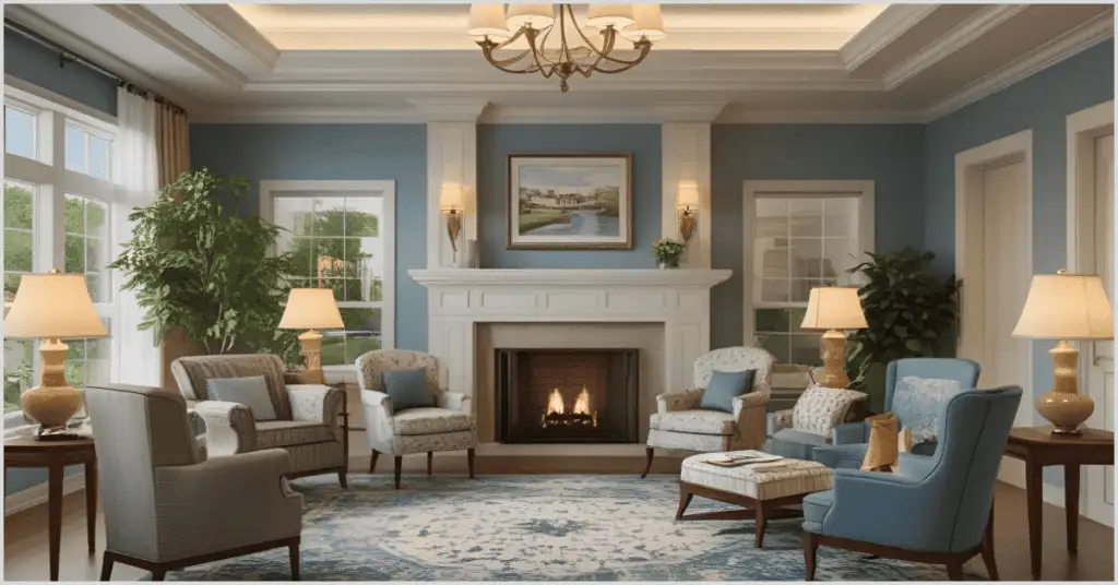 Cozy living room with fireplace, blue walls, chandelier, and plush seating, ideal for senior living.