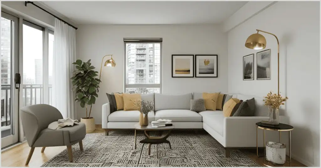 Modern living room with a light gray sectional sofa, yellow pillows, and neutral decor, demonstrating apartment staging.