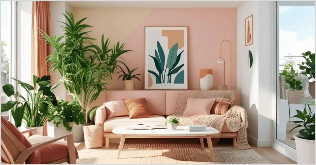 Bright living room with pink sofa, green plants, and modern decor, showcasing smart apartment staging.