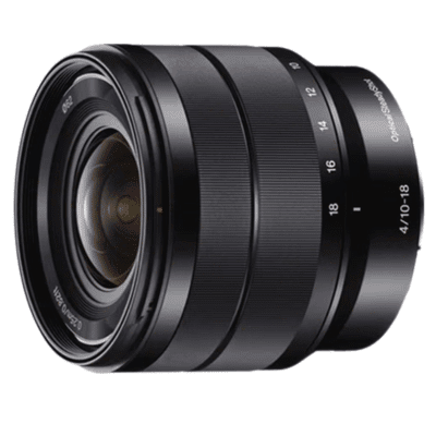 Sony E 10-18mm F4 OSS lens with a wide-angle range, perfect for real estate photography, on a white background.