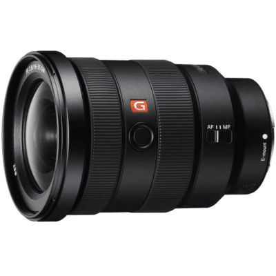 Sony FE 16-35mm f/2.8 GM lens with a wide-angle range, ideal for real estate photography, on a white background.