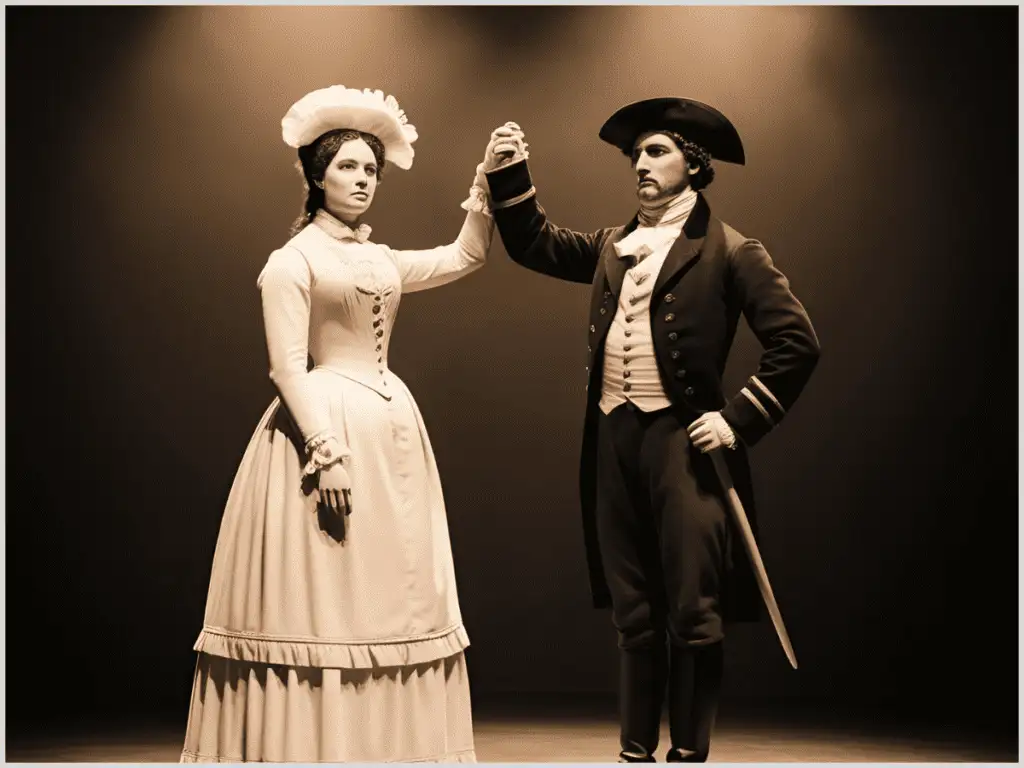 Black-and-white photorealistic image of two figures in 19th-century attire posed dramatically in a staged tableau with vintage sepia tones.