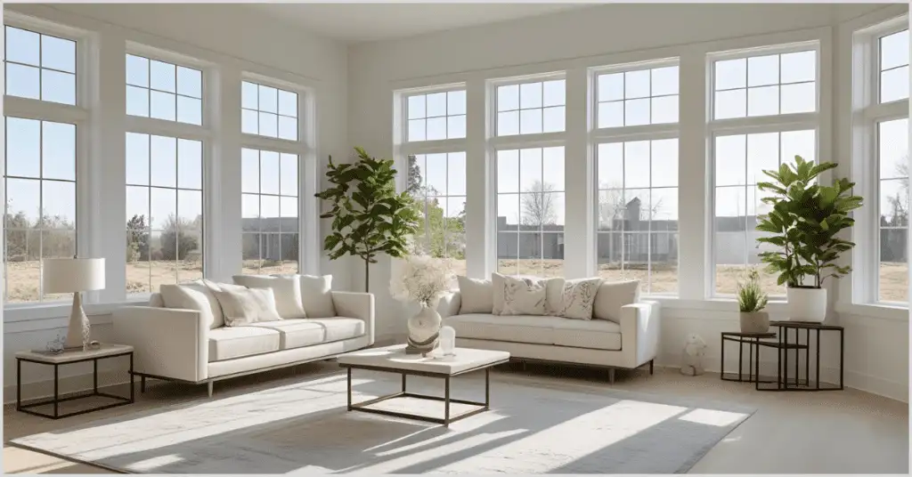 Bright living room with large windows, two white sofas, a coffee table, and potted plants, styled for vacant home staging.