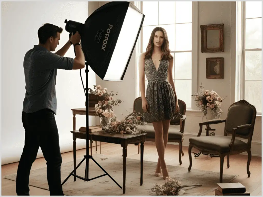 Photorealistic image of a photographer adjusting a softbox in a studio, with a model on a vintage furniture set, lit by soft window light.