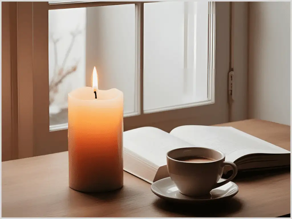 Photorealistic still life of a candle, book, and coffee cup on a wooden table, lit by soft window light, with a warm mood.
