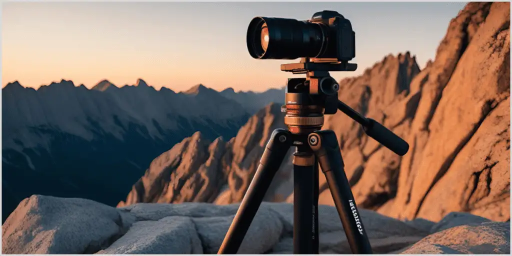 A camera on a tripod in a mountainous landscape at sunset, set up to capture triangle composition photography.