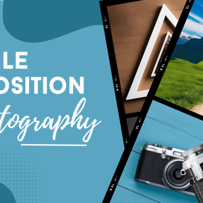 A collage with the text "Triangle Composition in Photography," featuring a scenic path with a triangle overlay and vintage cameras on a blue background.