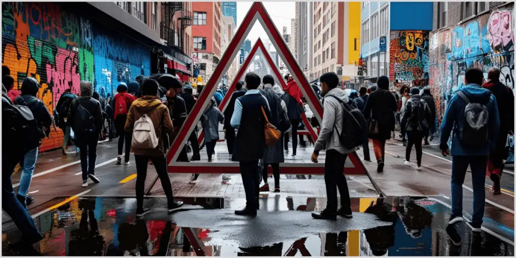 A busy urban street scene with people walking, framed by a red triangle on a wet pavement, demonstrating triangle composition photography in street photography.