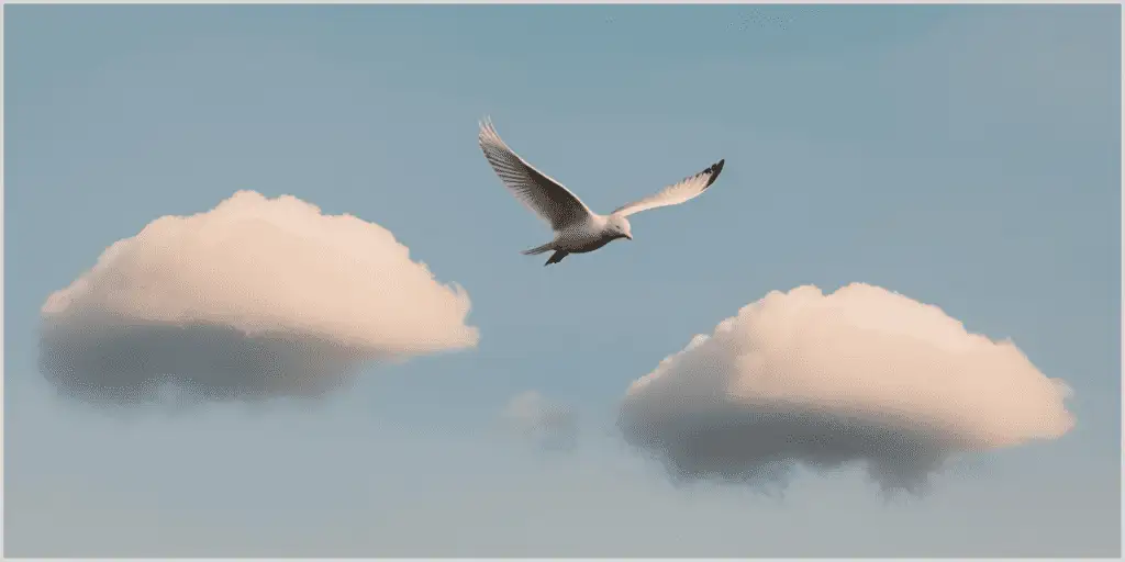 A seagull flies between two clouds, forming an implied triangle with space in a serene sky, illustrating triangle composition photography.