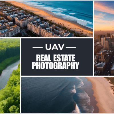 Collage of aerial images featuring a cityscape, beachfront, forest with a river, and urban skyline at sunset, with "UAV Real Estate Photography" text in the center.