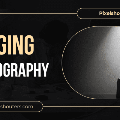 A black-and-white staged photography scene featuring a woman in a vintage dress holding a suitcase under a spotlight, with bold text "STAGING PHOTOGRAPHY" and the website "www.pixelshouters.com" displayed.