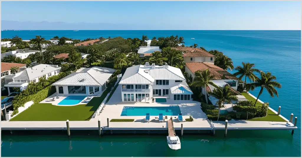 Aerial image of a luxury waterfront estate with a white mansion, pools, palm trees, and a dock with a boat, surrounded by the ocean and neighboring homes.