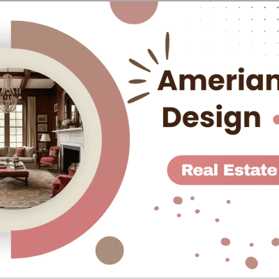 A cozy living room with American interior design, featuring a chandelier, plush sofas, and a fireplace, framed by a circular graphic with the text "American Interior Design" and "Real Estate Photography.