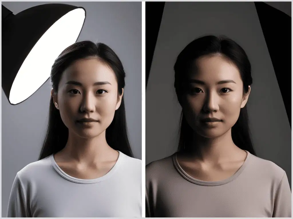 Photorealistic side-by-side portrait showing soft lighting on the left and dramatic chiaroscuro on the right, with a neutral background.