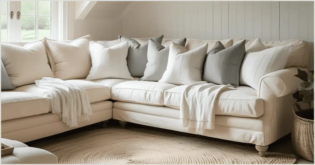 Farmhouse Interior Ideas with a neutral color scheme featuring a beige sectional sofa with white and gray pillows, a white throw blanket, and a woven rug.