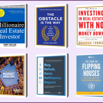 Collection of 14 best real estate books, including "Rich Dad Poor Dad," "The Millionaire Real Estate Investor," and "The Airbnb Story," on a light purple background.