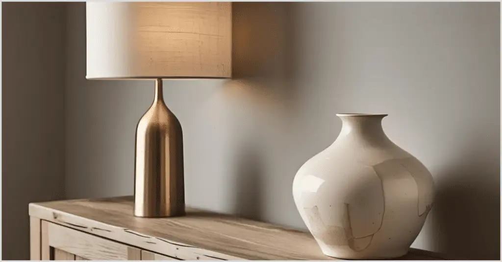 A Japandi interior design scene with a wooden nightstand, a gold table lamp, and a textured white vase showcasing wabi-sabi imperfections.