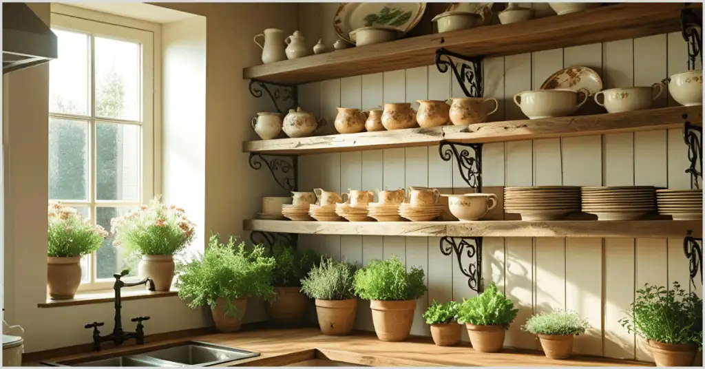 Farmhouse Interior Ideas with open wooden shelving displaying ceramic dishes, flanked by potted plants near a kitchen sink and window.