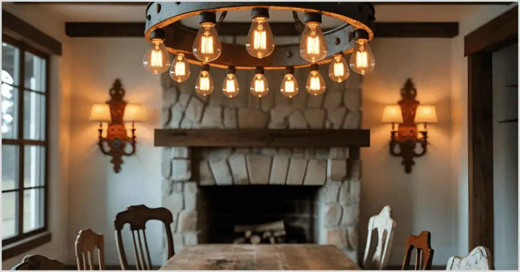 Farmhouse Interior Ideas with a rustic dining room featuring a large chandelier with exposed bulbs and a stone fireplace.